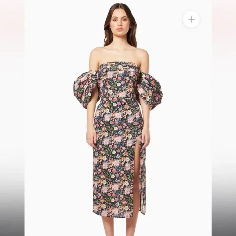 elliatt mavis black floral print off shoulder puff sleeve linen midi dress XL